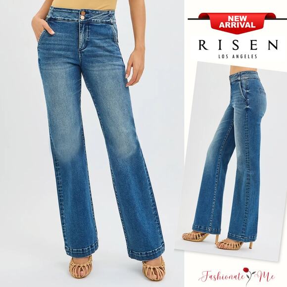 RISEN Tummy Control High Rise Double Button Waistband Dark Washed Bootcut Jeans - Picture 1 of 7